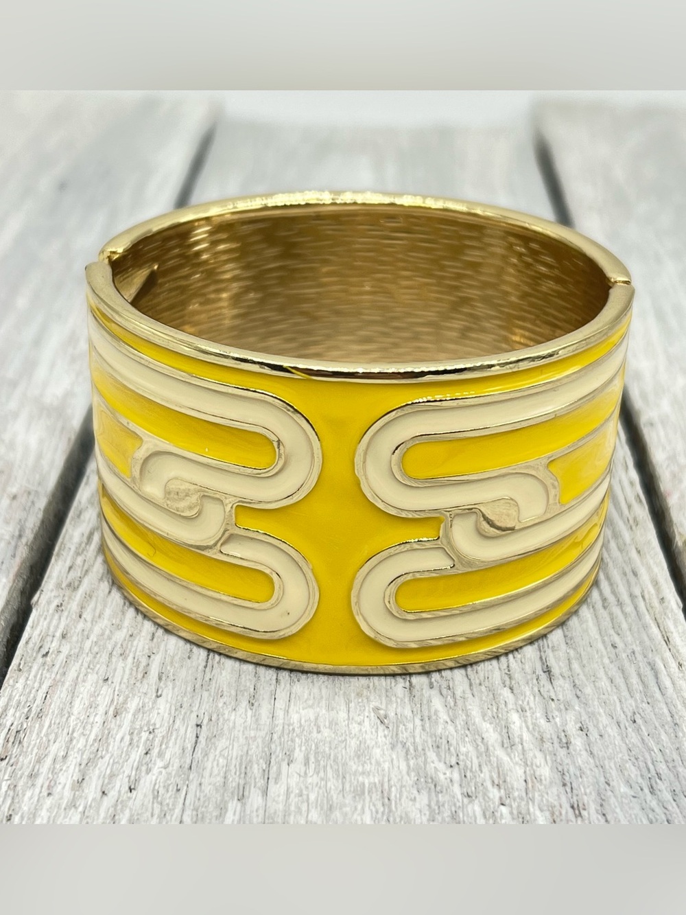 354. Louis Bentley Yellow Cream Enamel and Gold Clamper Bracelet - Sz. 7.25”